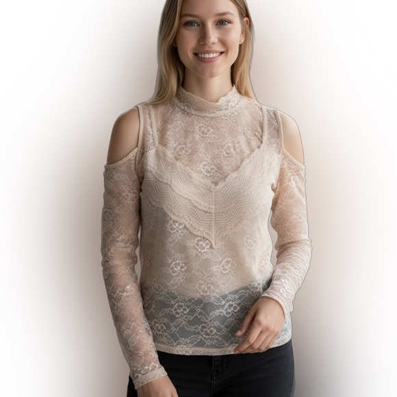 GUESS Antique Lace Funnel Neck Victorian-Style Sheer Open Shoulder Blouse Size S - Picture 1 of 14